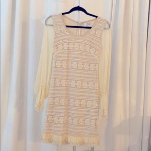 Long sleeve ivory mini dress ruffled skirt